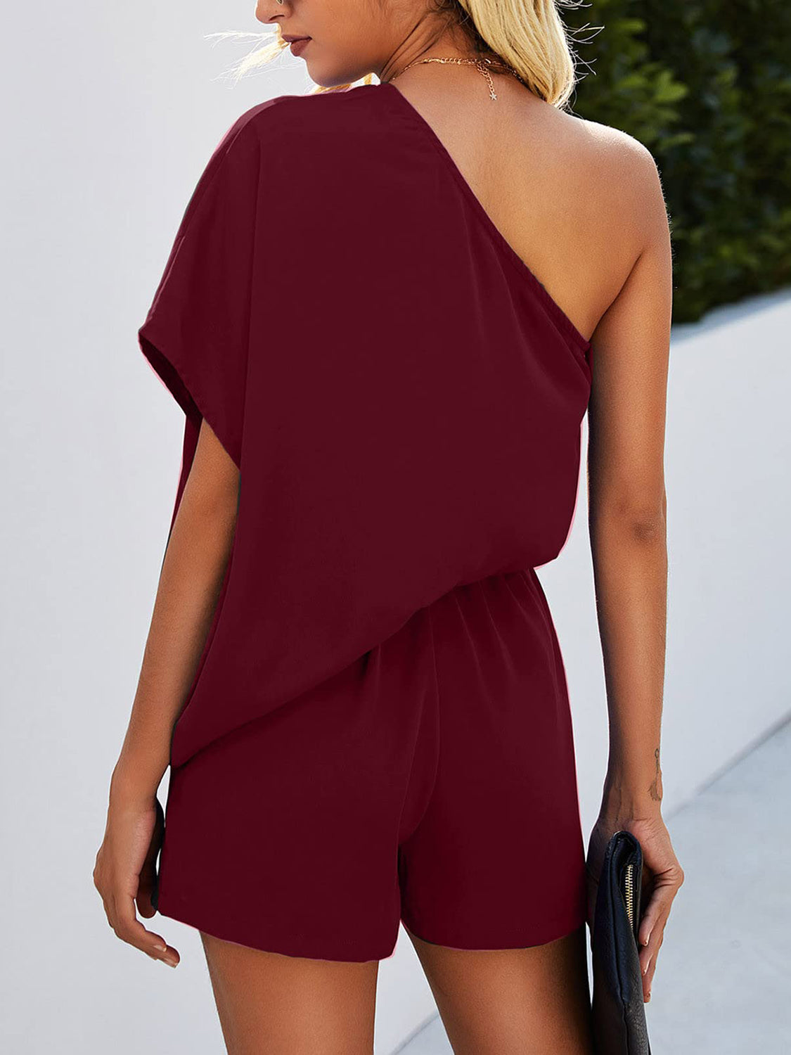 Burgundy single shoulder romper for women party wear