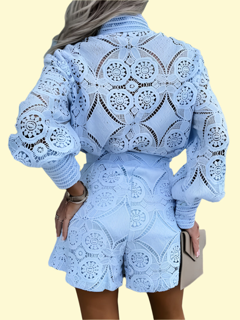 Button detail lace two-piece top and shorts