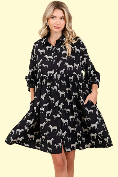 Button down zebra print mini dress with pockets 