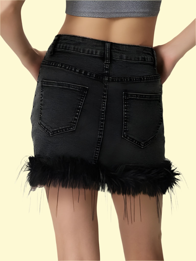 Buttoned plush hem black mini denim skirt 