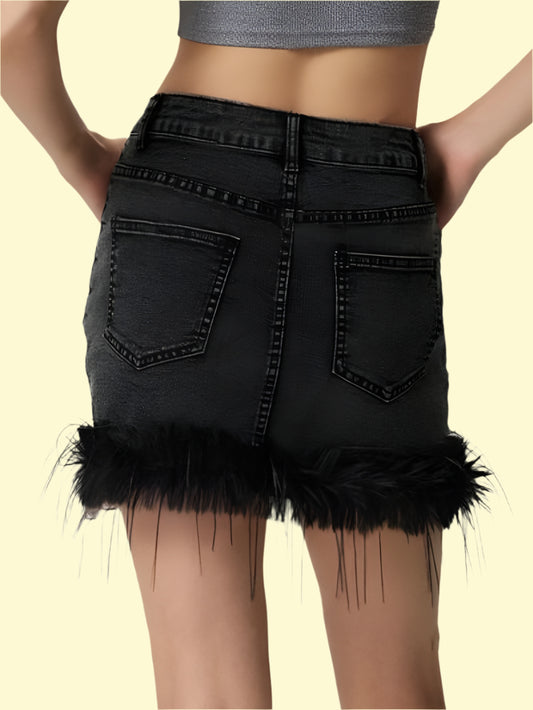 Buttoned plush hem black mini denim skirt 