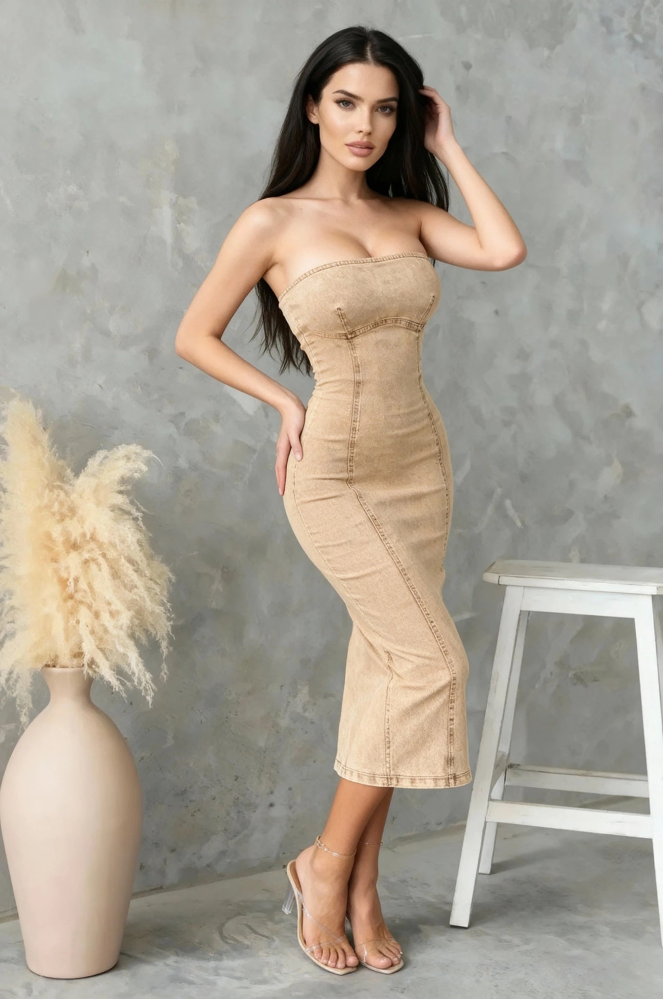 Casual day outfit featuring tube denim dress