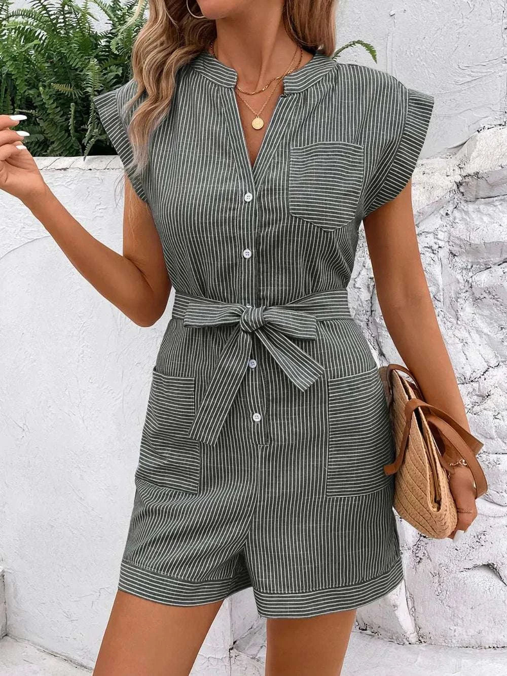 Casual summer outfit featuring striped tie waist romper