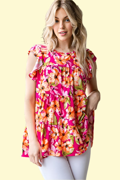 Chic Butterfly Sleeve Blouse with Floral Print