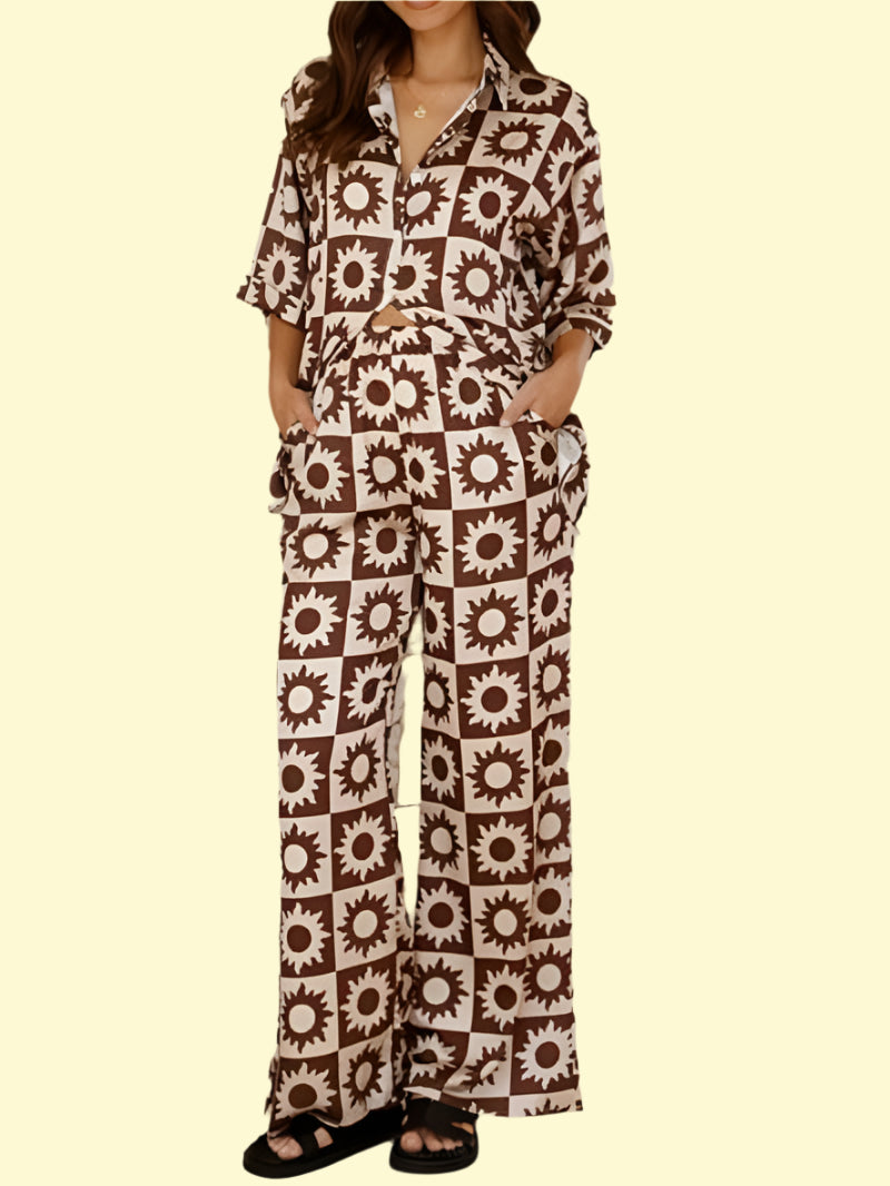 Chic brown print two-piece set for women