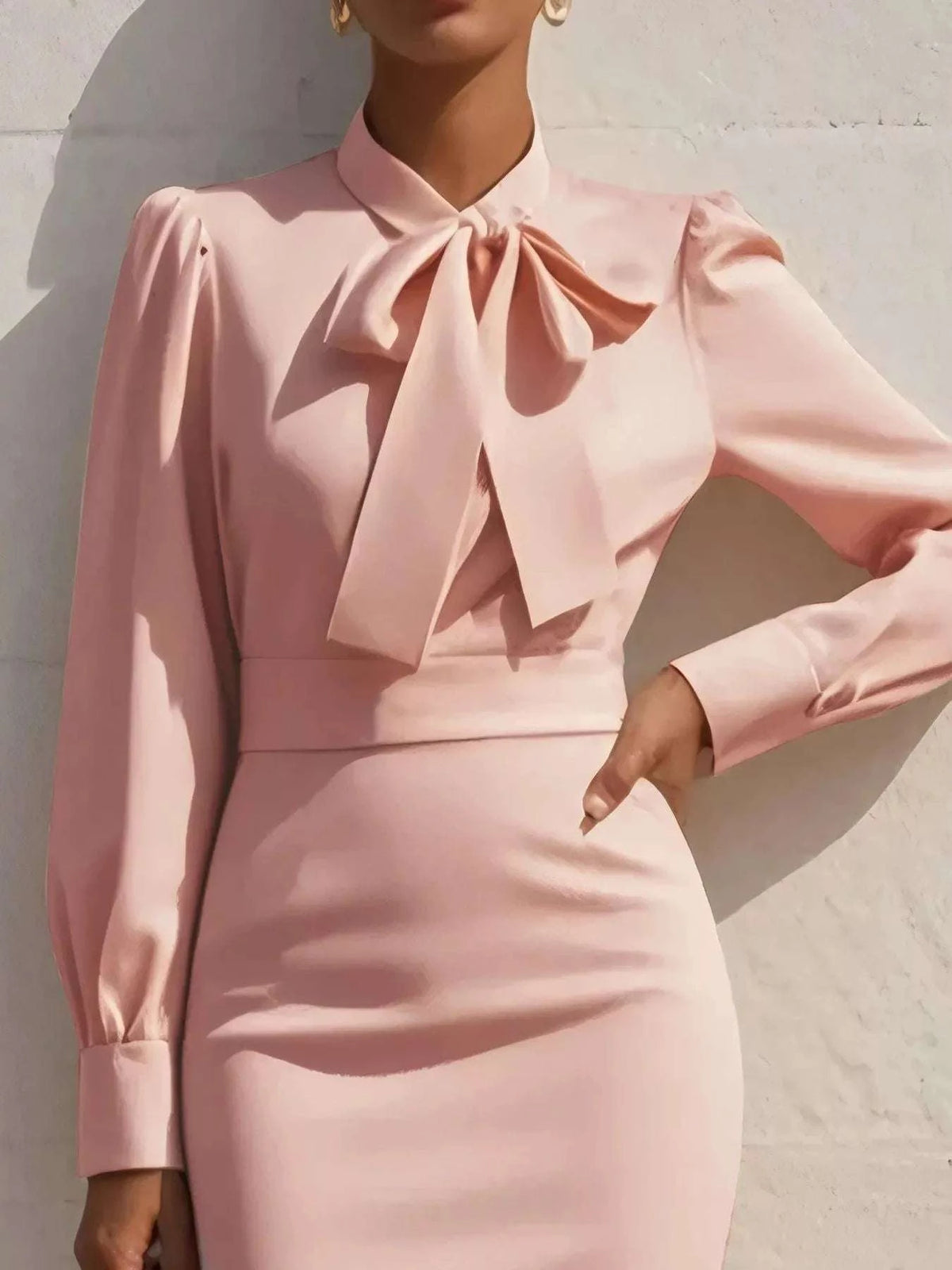 Close-up of bow tie neckline on women’s bodycon dress