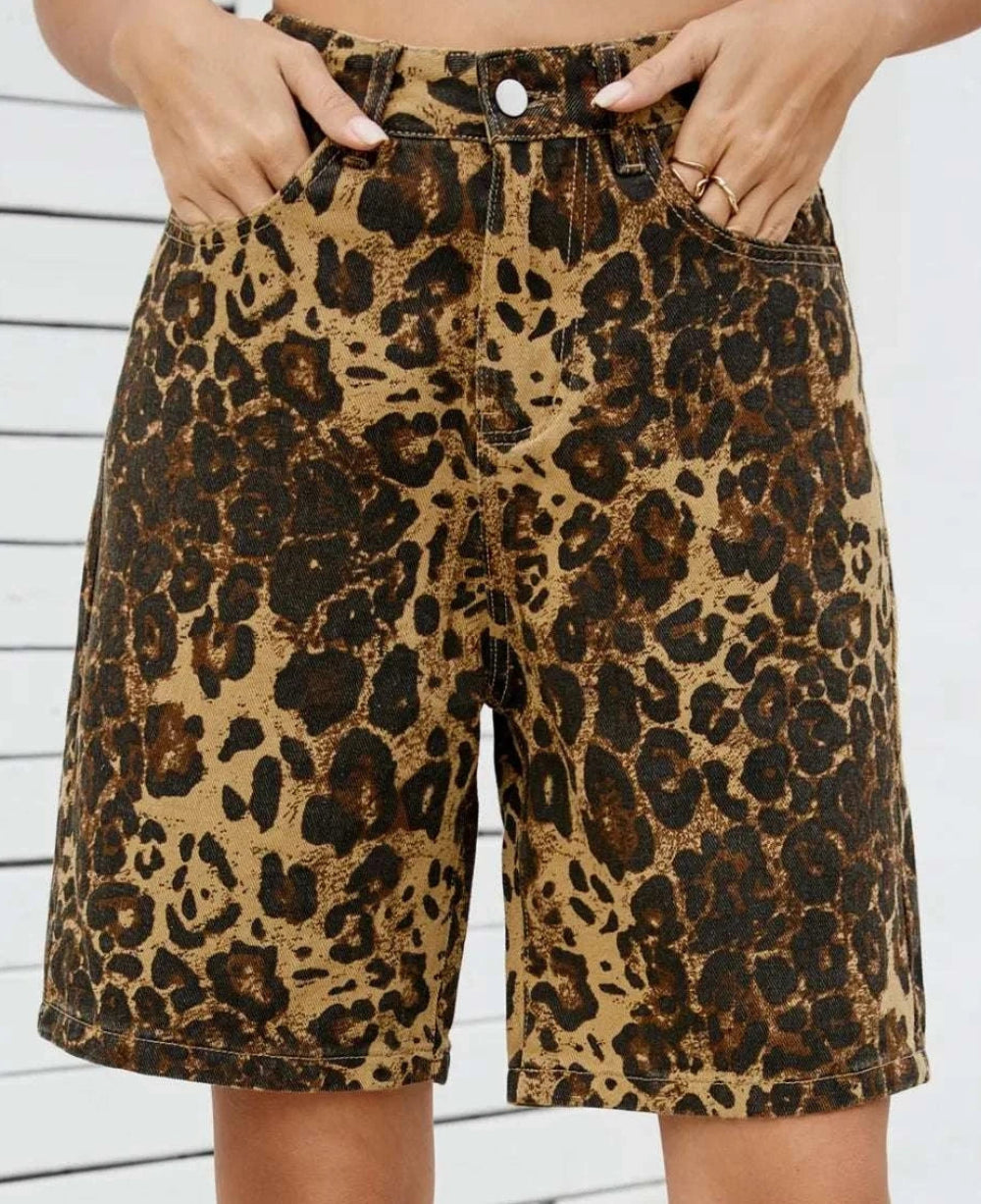 Close-up of casual summer leopard shorts for women