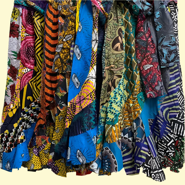 Close-up of ruffled skirt with vibrant patchwork design