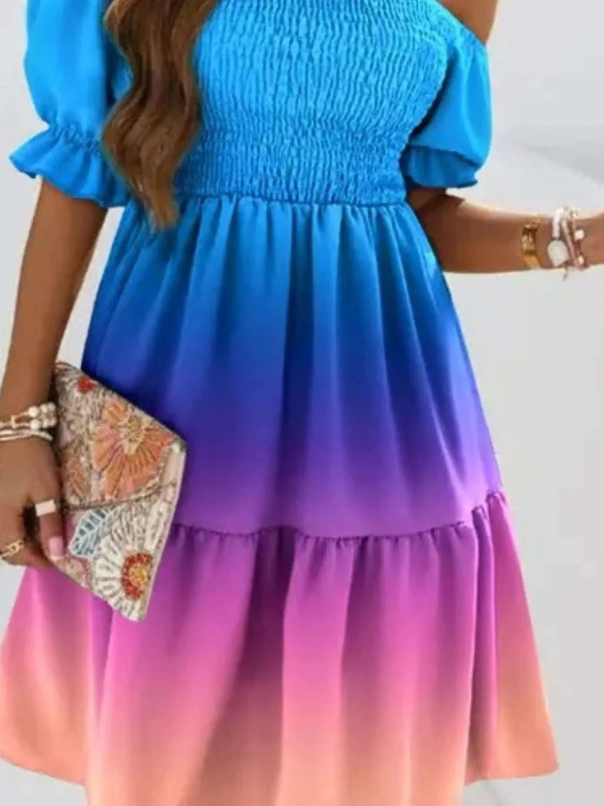 Close-up of smocked bodice on women’s summer dress