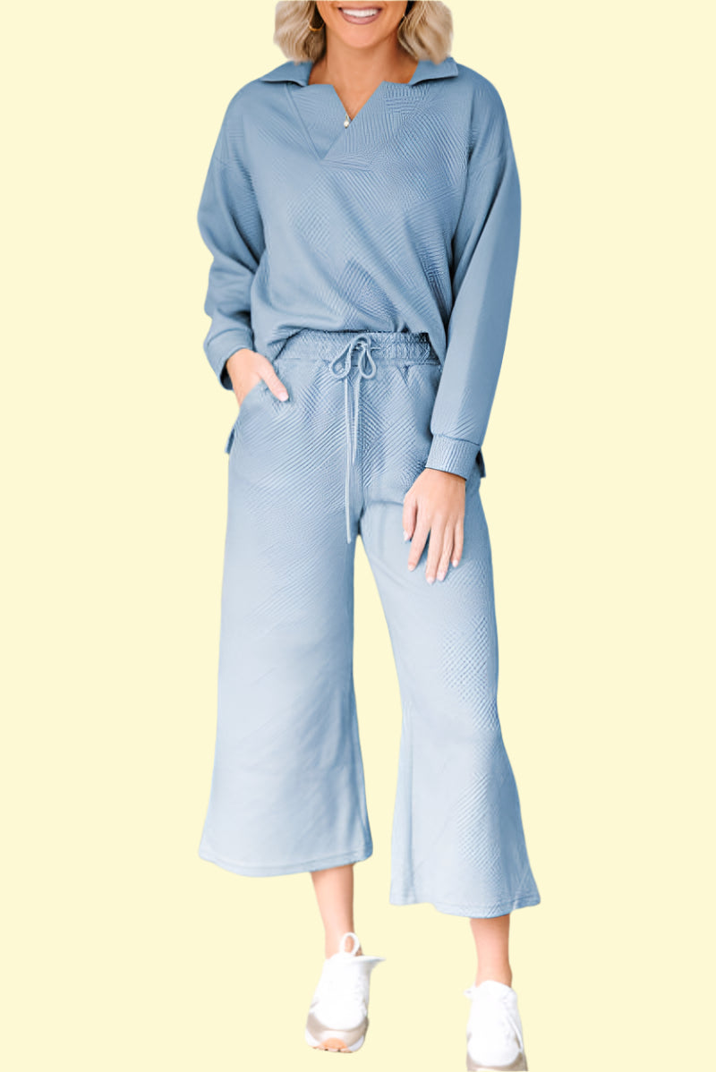 Collared Neck Top & Wide Leg Pants