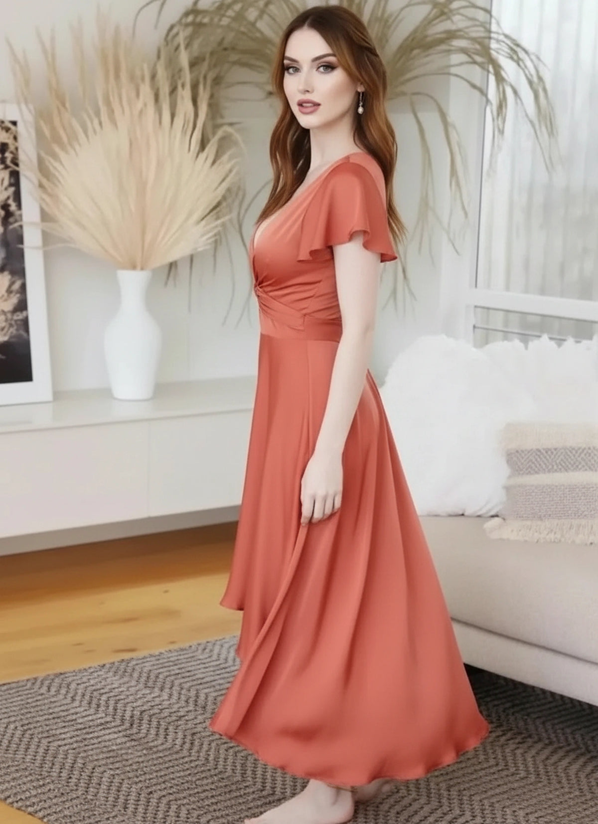 Coral high-low plunge dress for women