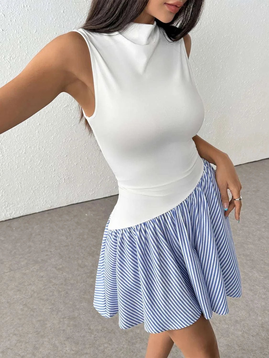 Cotton polyester striped mini dress women slim fit