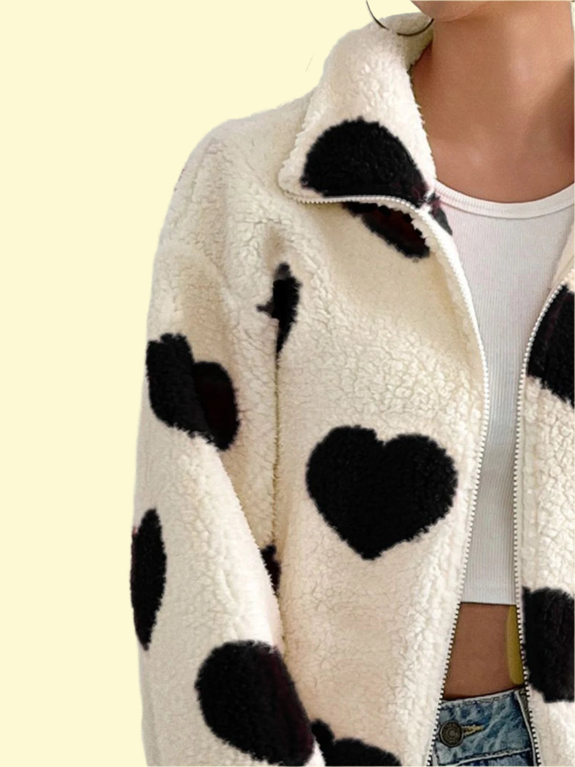 Cozy heart-shaped zipper fuzzy jacket for women