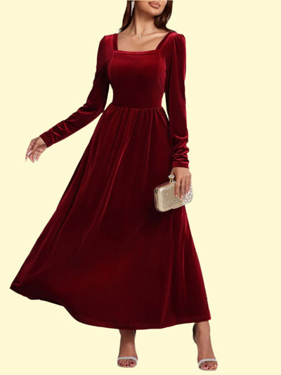 Deep Red Velvet Square Neck Cocktail Dress for Women