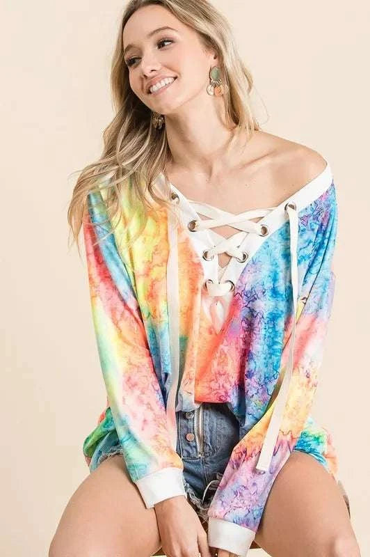 Deep V-neck tie dye top for stylish women