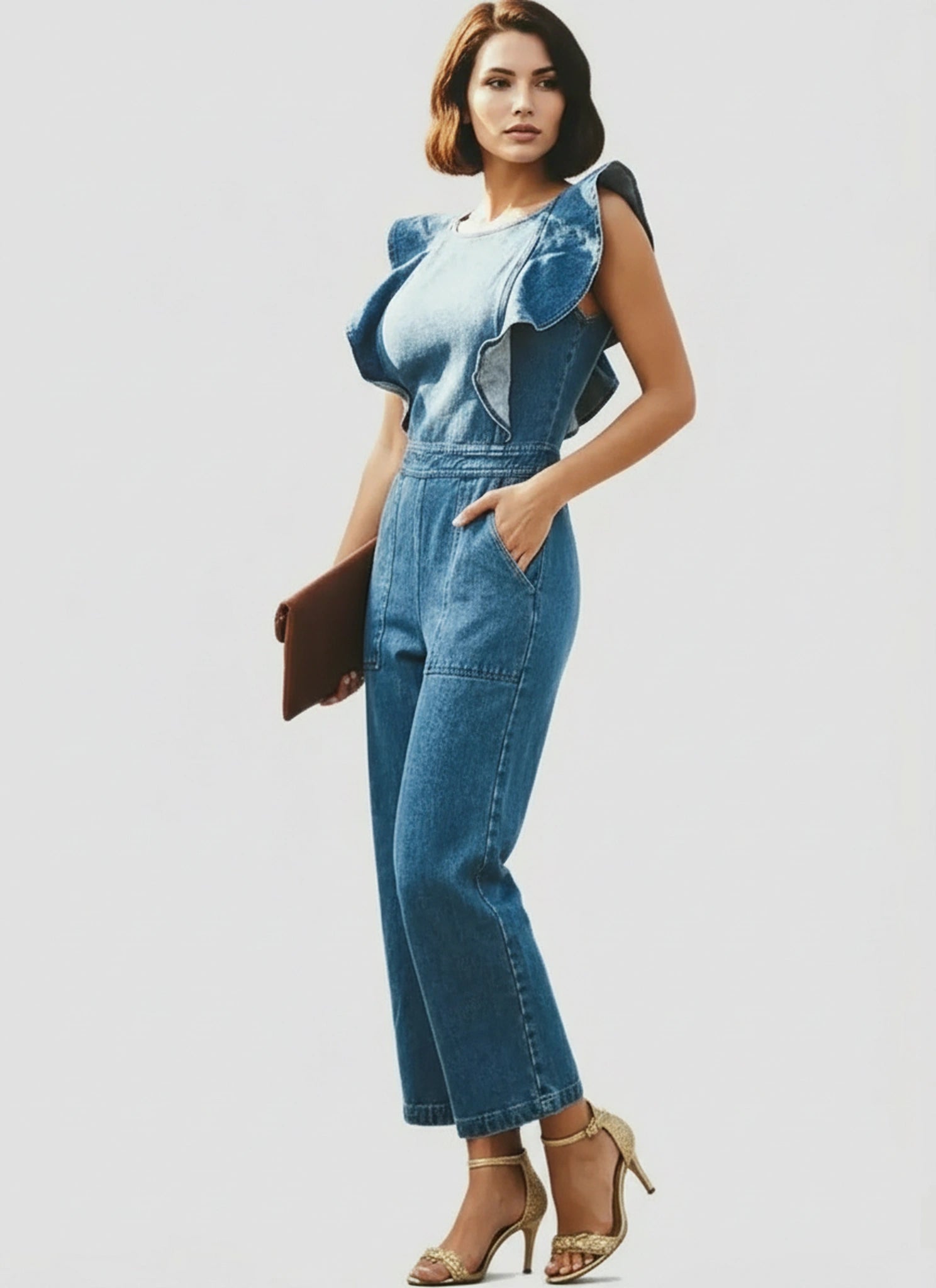 Denim medium ruffled jumpsuit for women