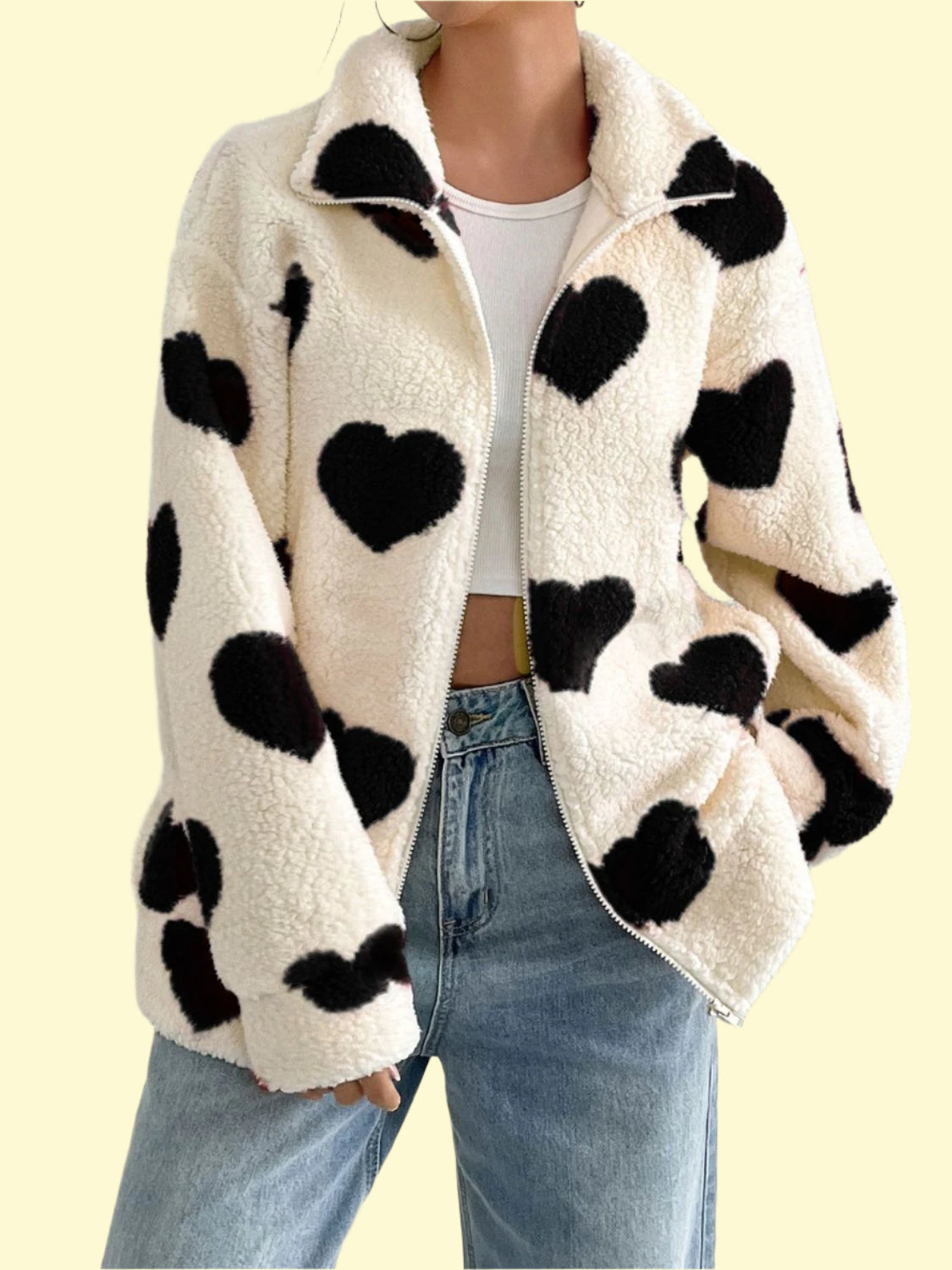 Drop shoulder jacket with heart zip-up design
