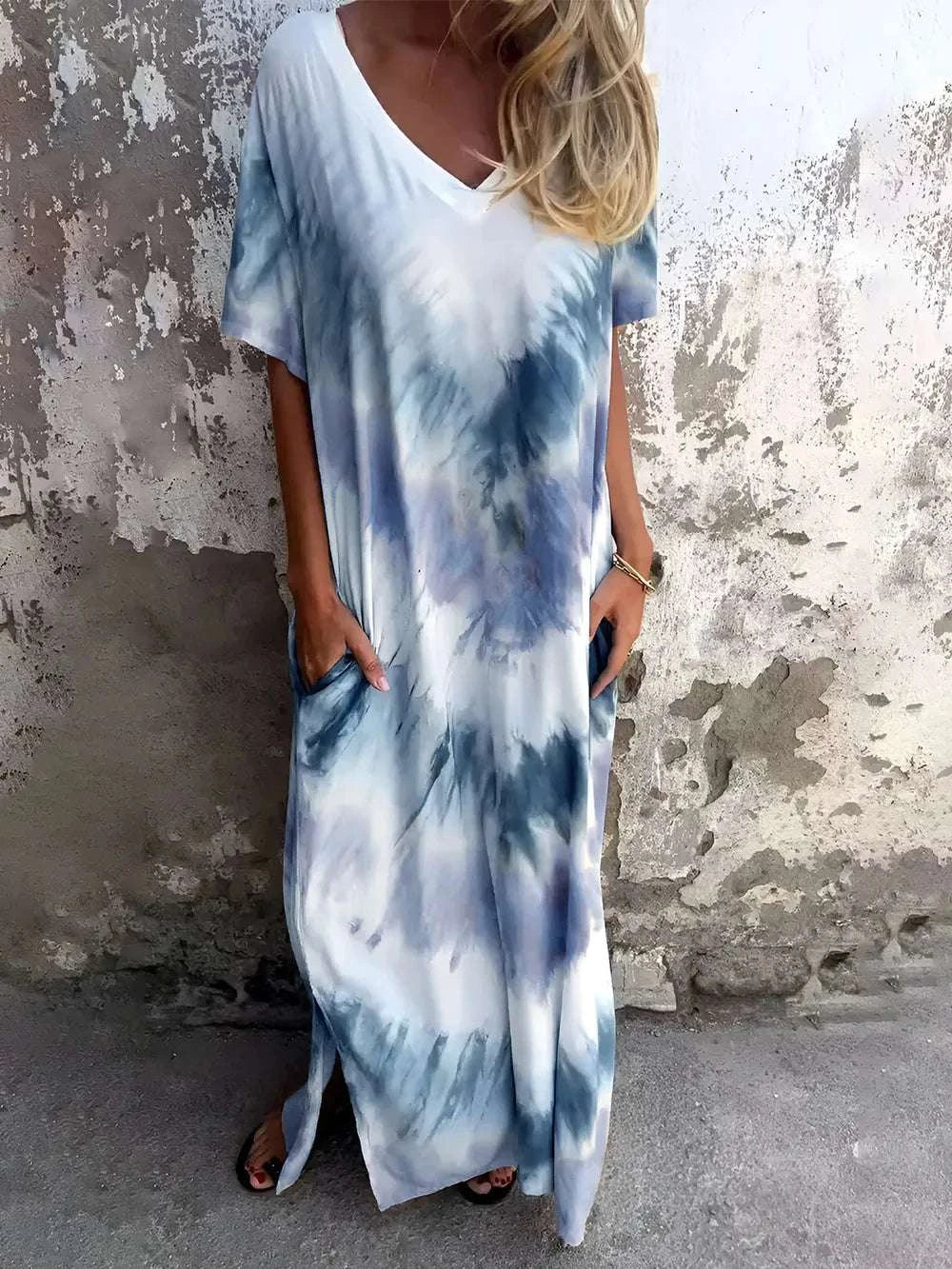 Dusty blue tie dye short sleeve dress for women