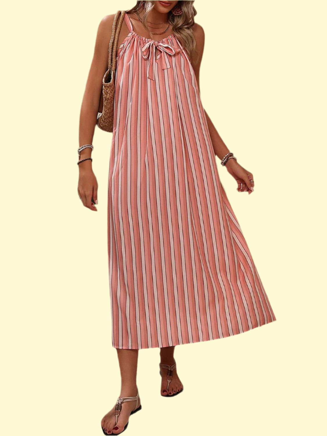 Elegant Coral Midi Dress with Tie Neck