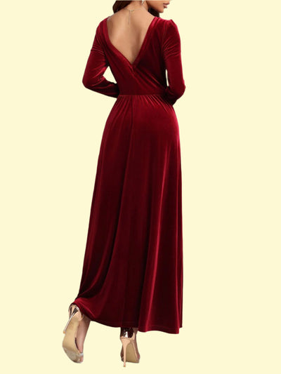 Elegant Long Sleeve Velvet Dress in Deep Red