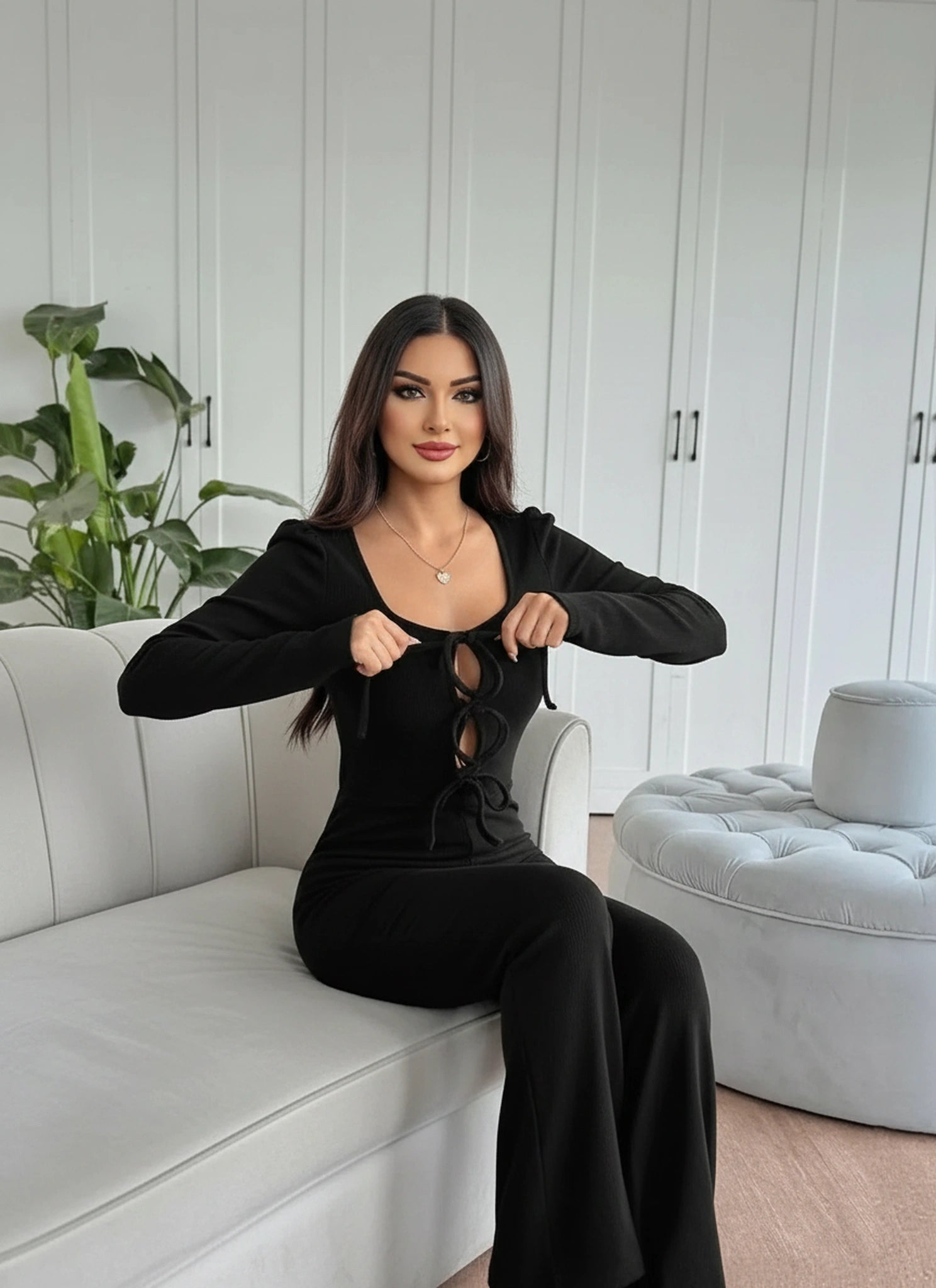Elegant black jumpsuit for women with lace-up front