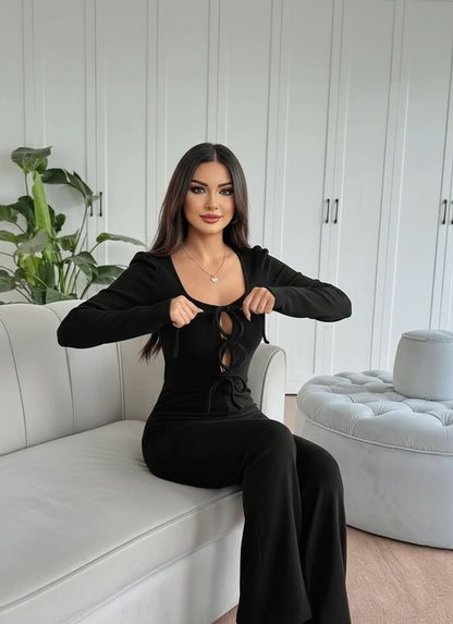 Elegant black jumpsuit for women with lace-up front
