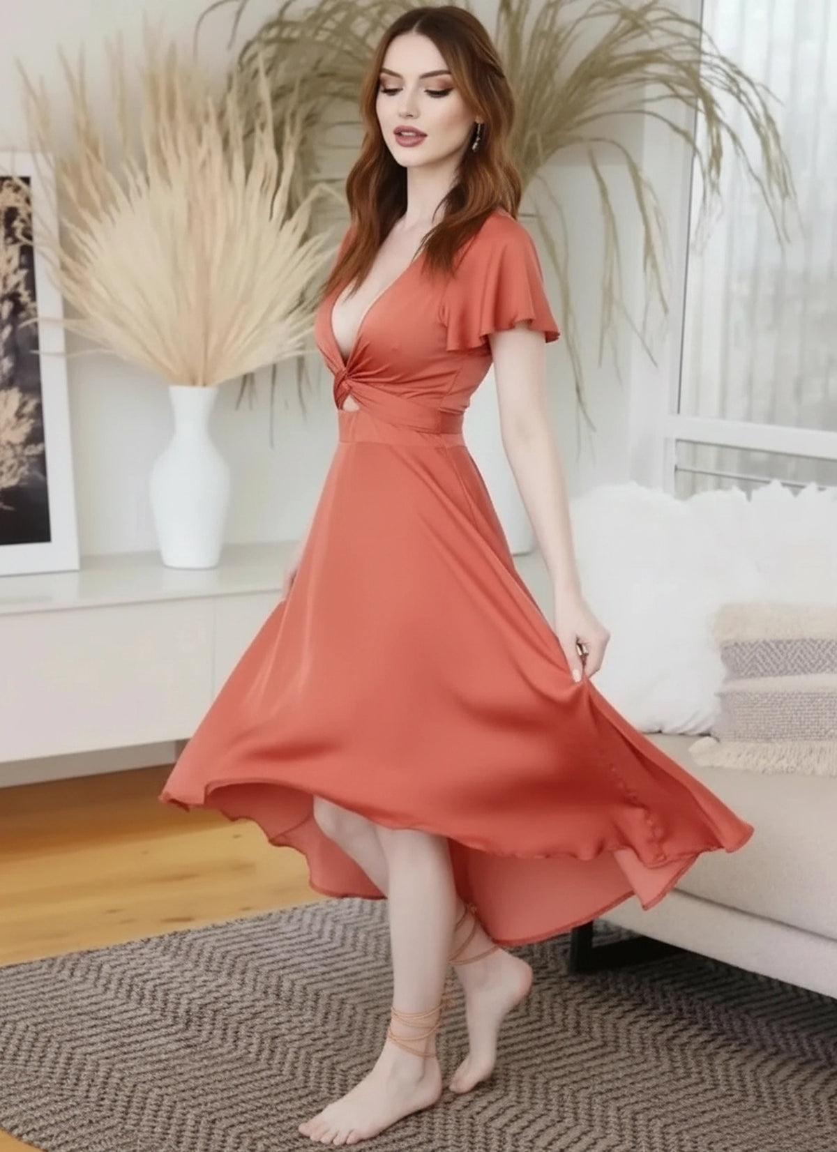 Elegant high-low party dress women flutter sleeves