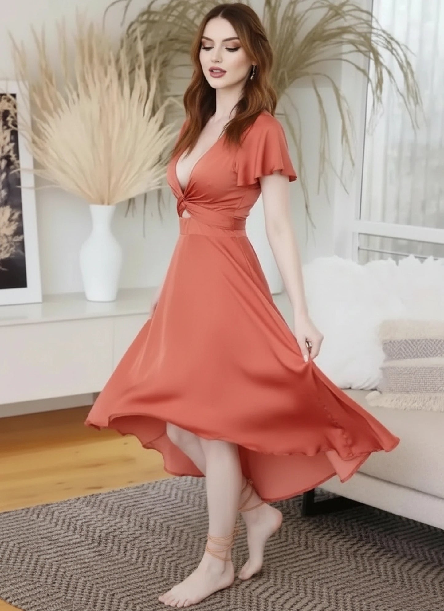 Elegant high-low party dress women flutter sleeves