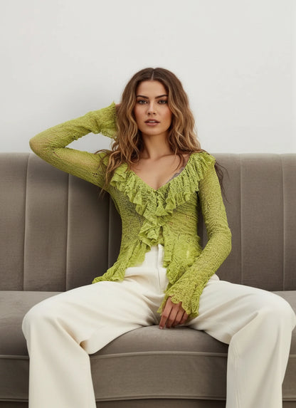 Elegant lace ruffle blouse women fashion top