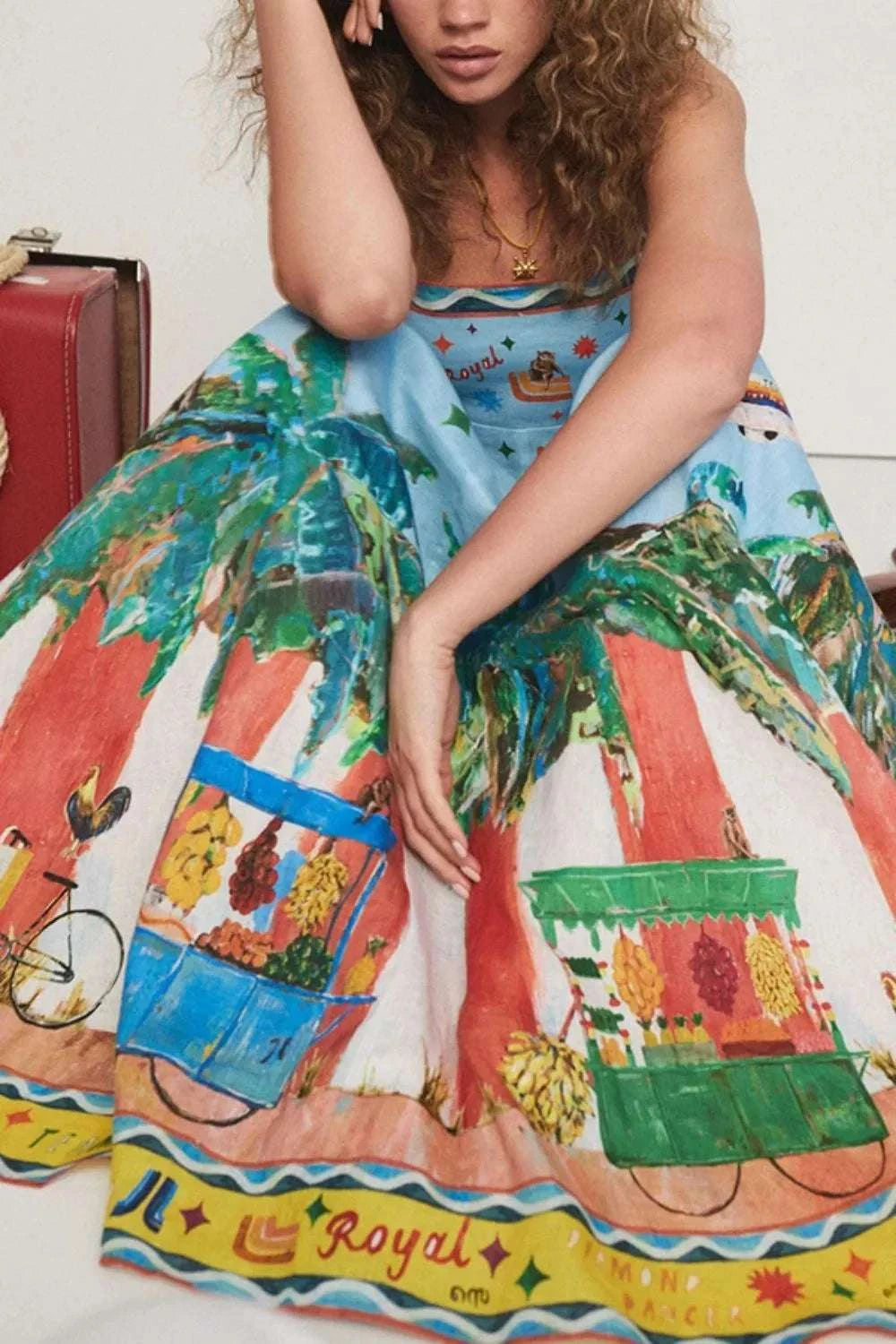 Fabric detail of lightweight printed maxi dress for summer