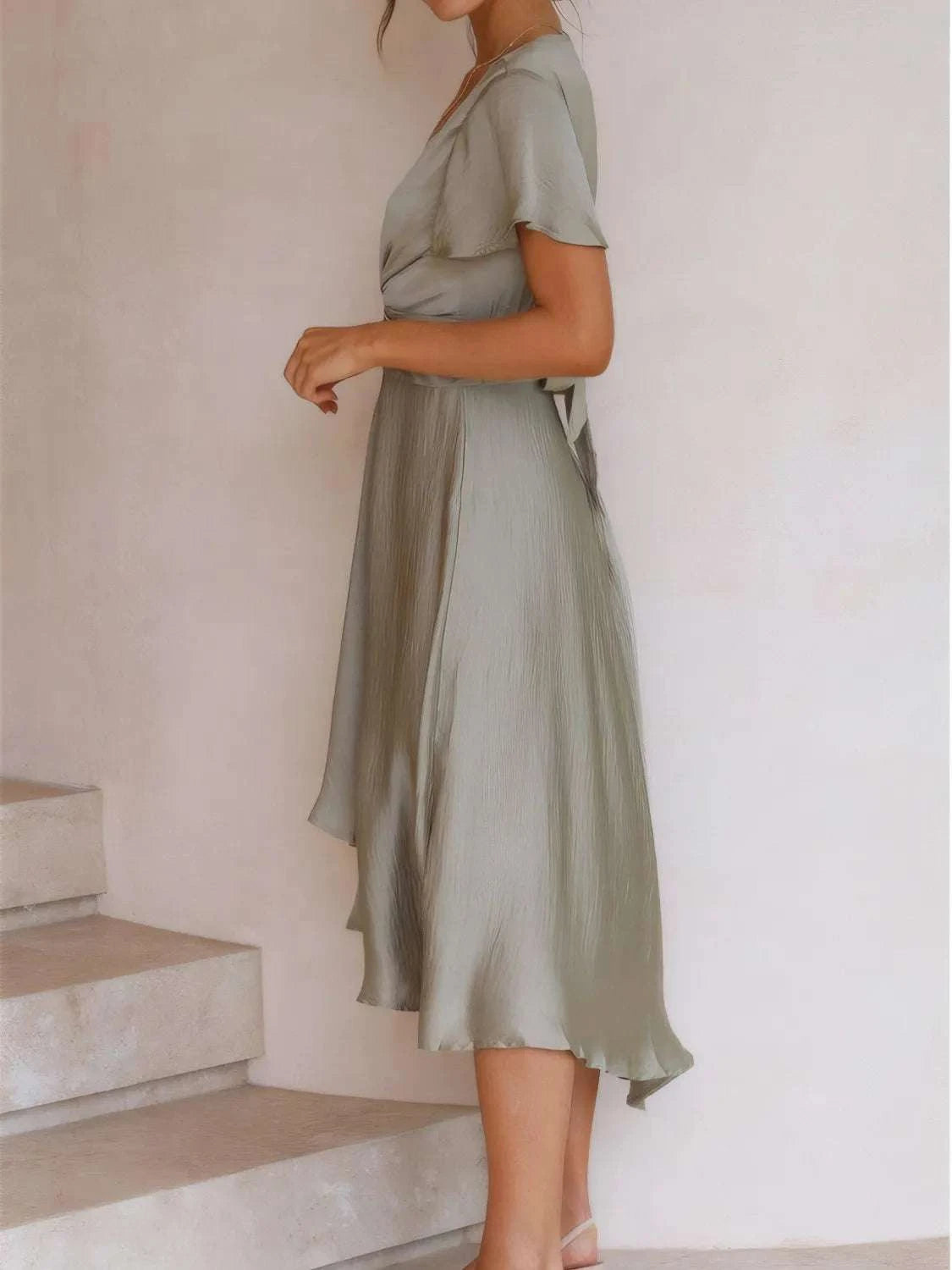Feminine flutter sleeve dress outfit aesthetic