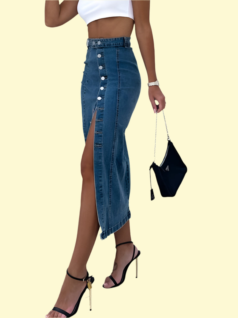 Figure-flattering navy slit midi skirt