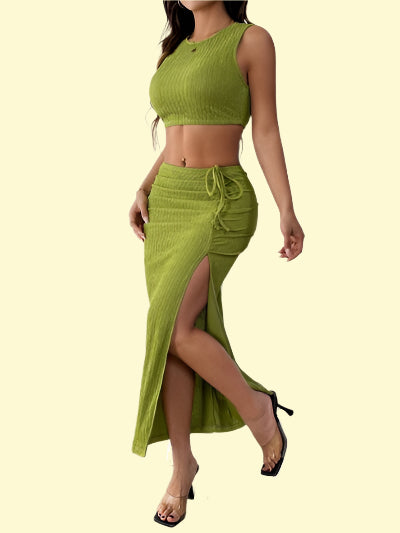 Flirty Lime Green Slit Skirt Outfit