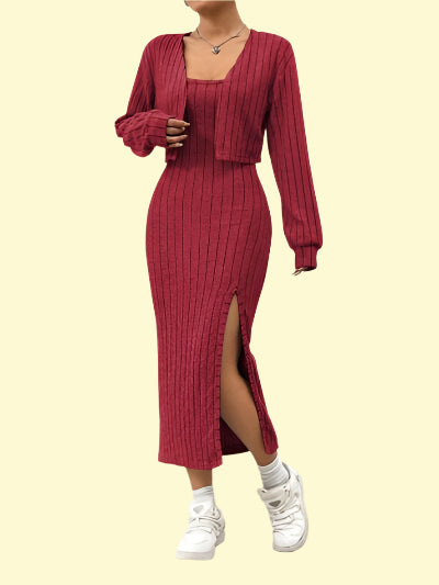 Flirty Slit Cami Dress with Long Sleeve Cardigan