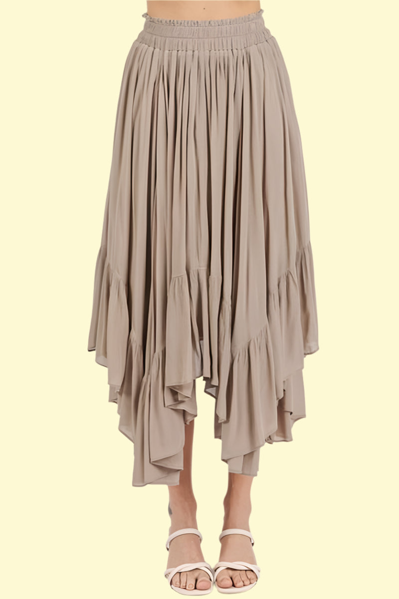 Flirty tiered handkerchief hem skirt in mocha 