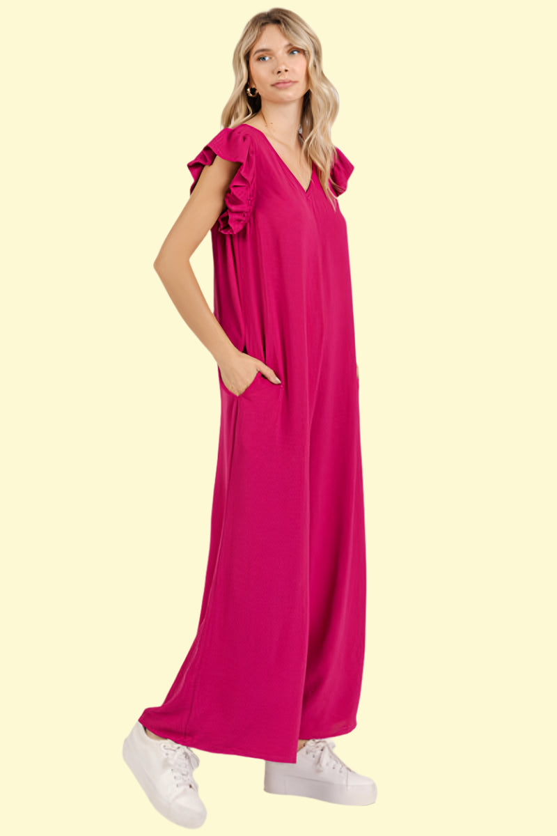 Flirty v-neck cap sleeve wide-leg jumpsuit