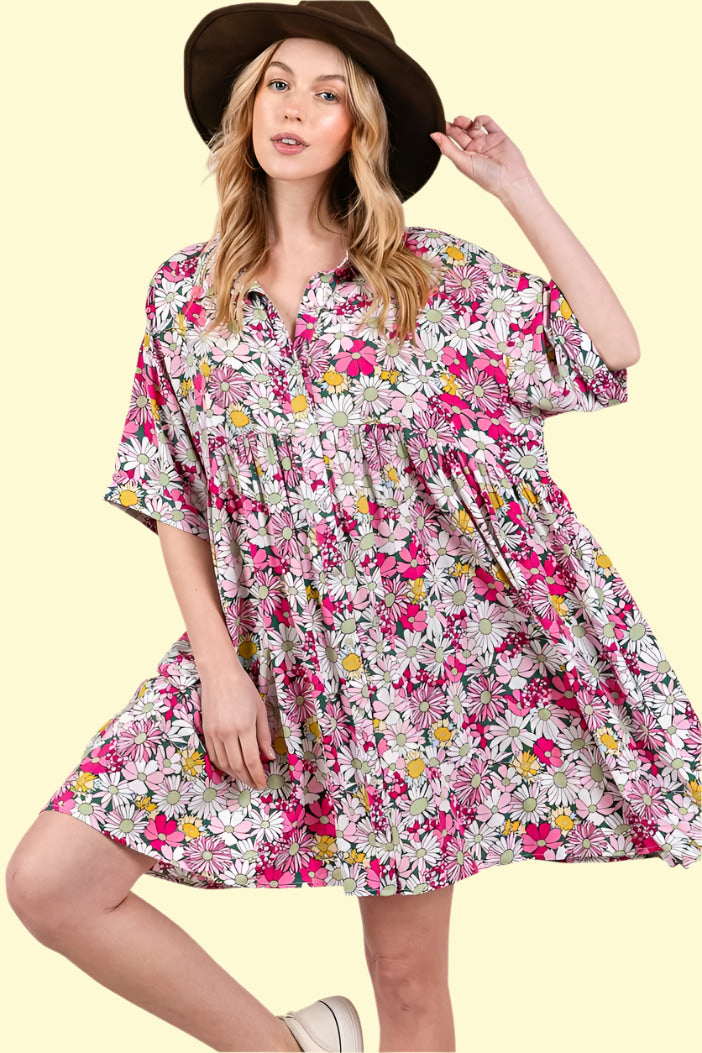 Floral button-down mini dress for women