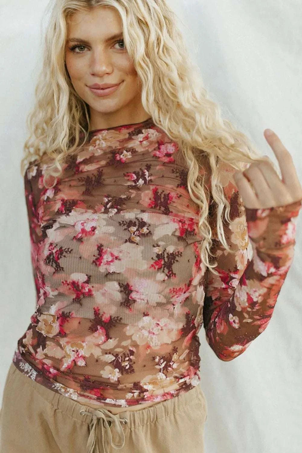 Floral sheer mock neck long sleeve top for women by WestCloset