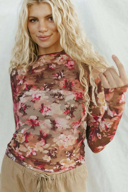 Floral sheer mock neck long sleeve top for women by WestCloset