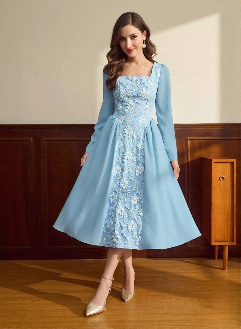 Floral square neck long sleeve dress for women in pastel blue