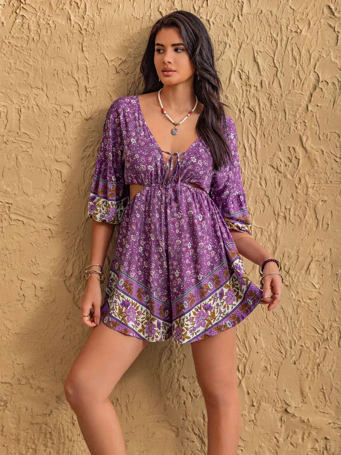 Front tie detail on purple cutout romper for women