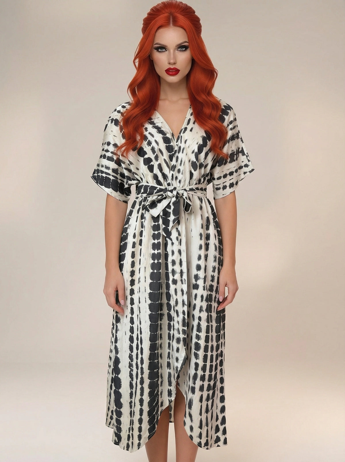 Front view of black tie waist wrap dress with slit