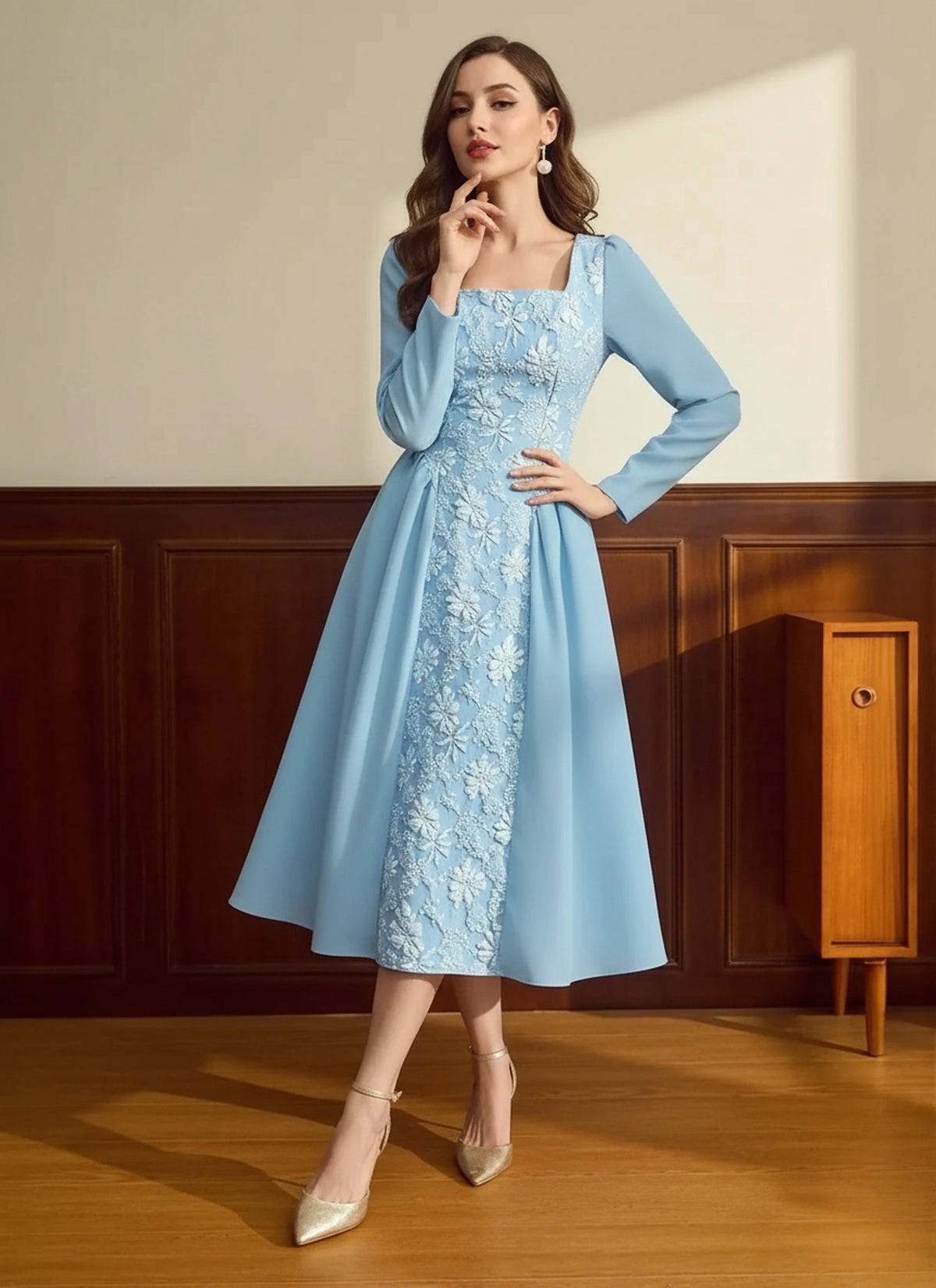 Front view of floral square neck women dress