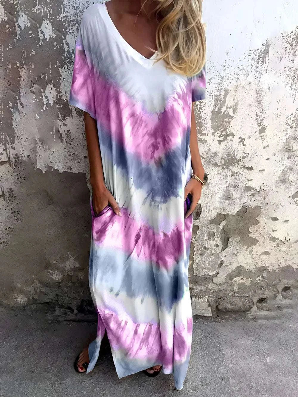 Fuchsia pink tie dye pocket dress trendy women fashion