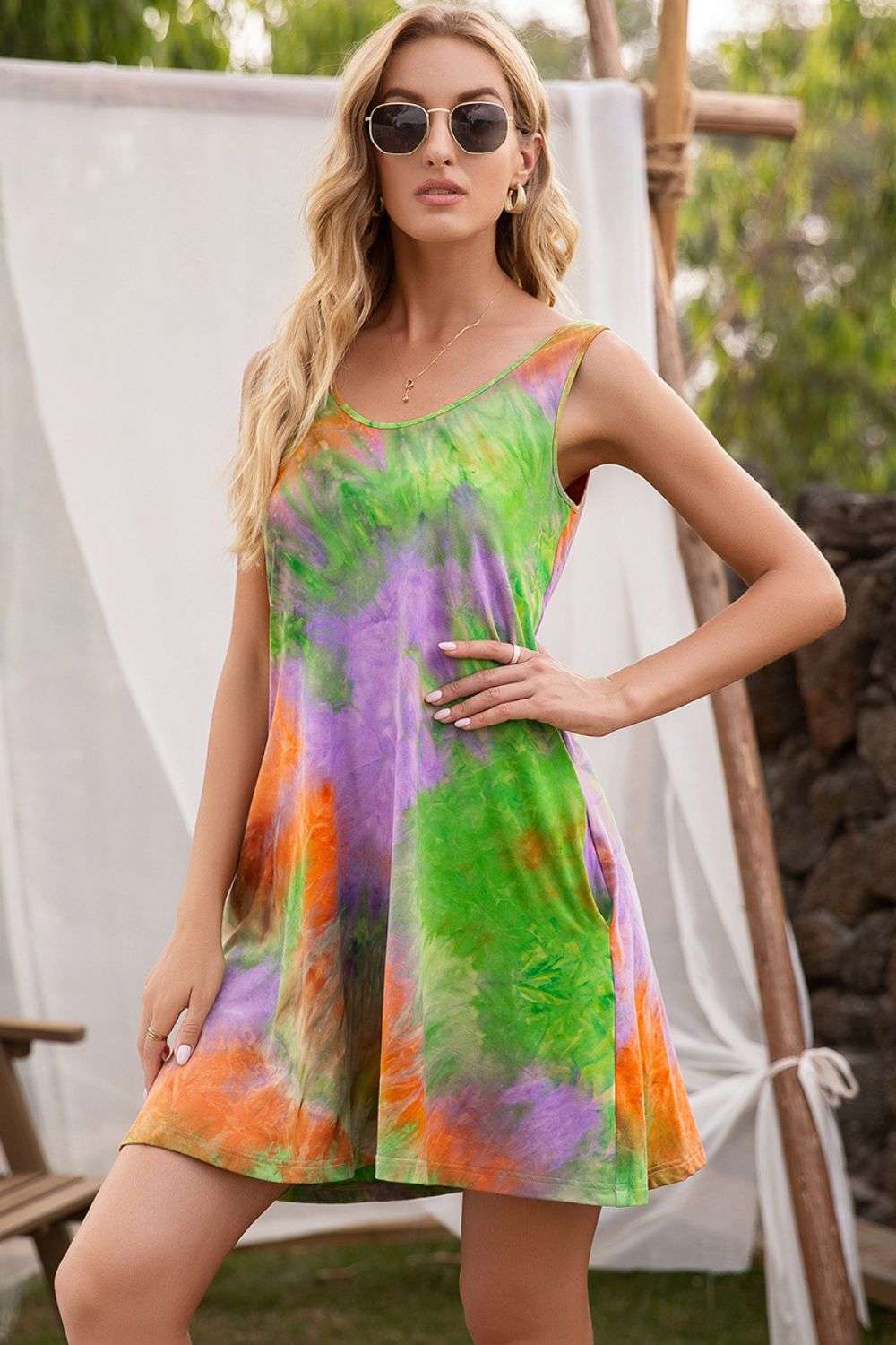 Green and purple tie-dye sleeveless women mini dress