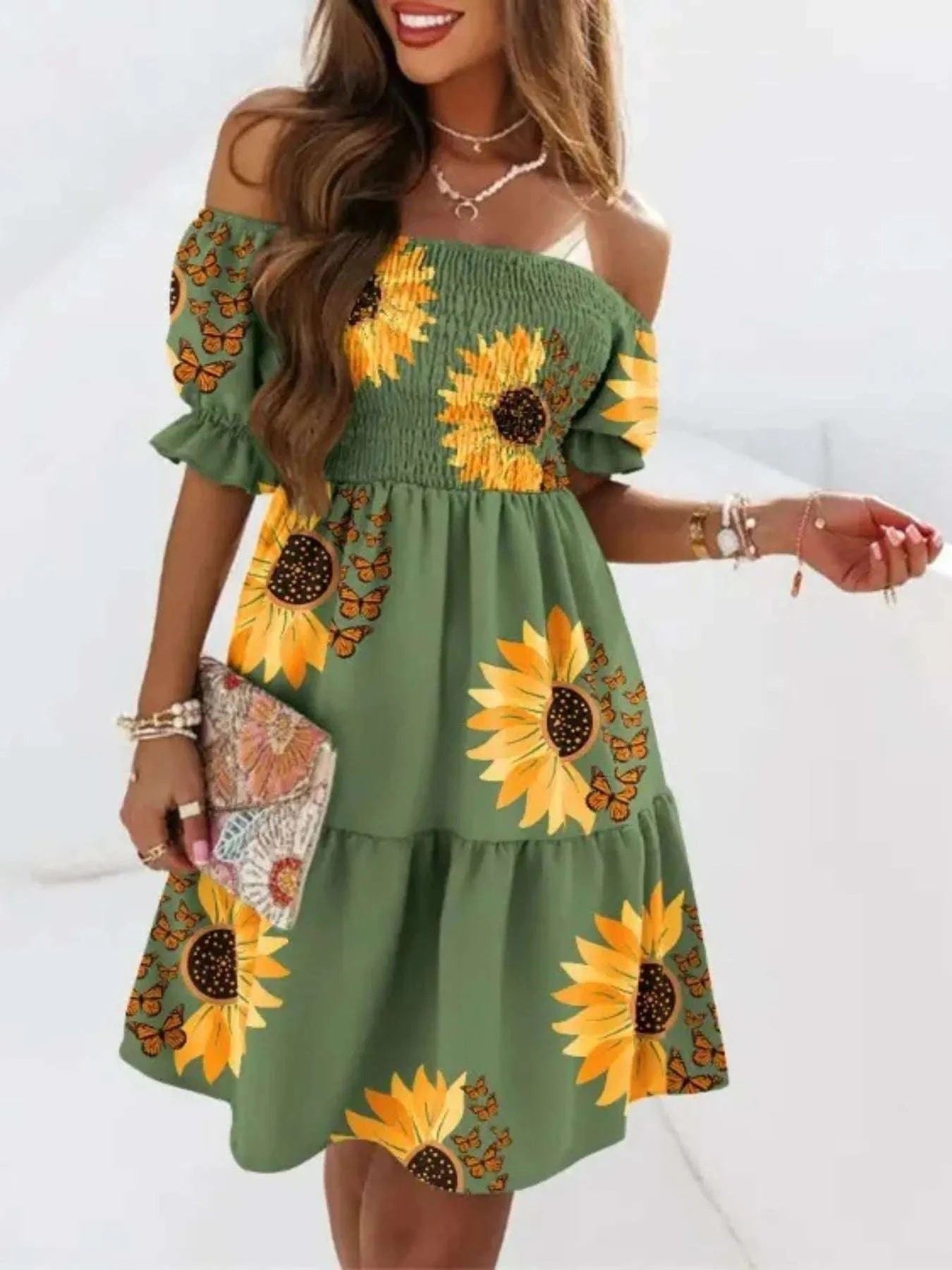 Womens Off Shoulder Smocked Summer Dress | WestCloset Blue Yellow Flower / XL Womens Off Shoulder Smocked Summer Dress | WestCloset Blue Yellow Flower / XL