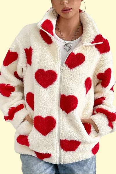 Heart zip-up drop shoulder furry jacket for women