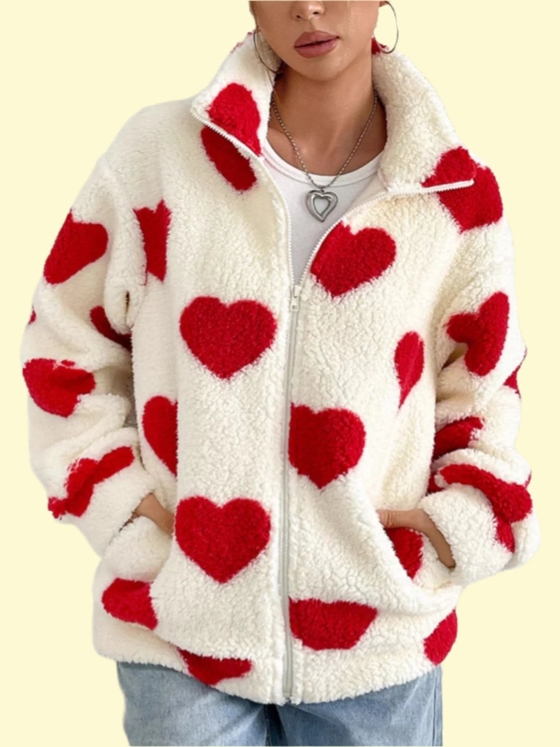 Heart zip-up drop shoulder furry jacket for women