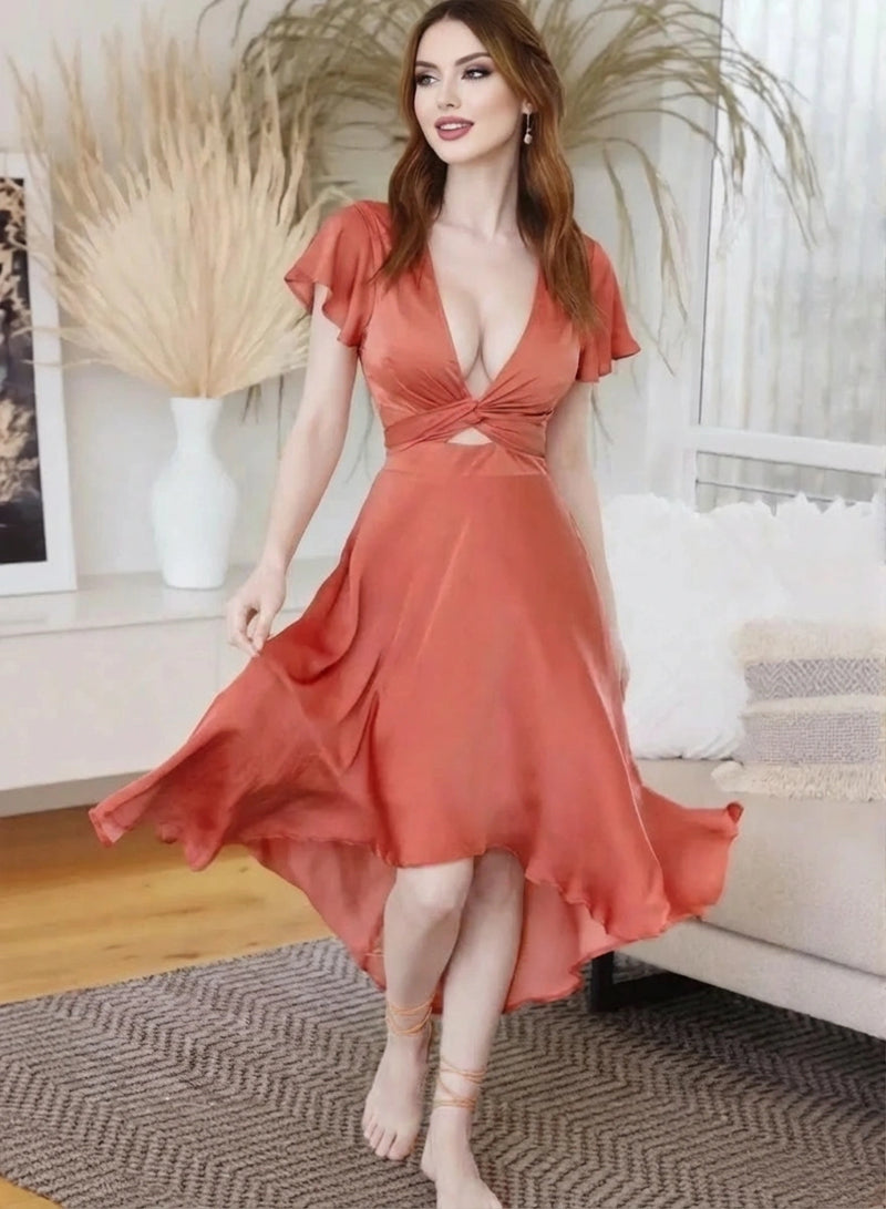 High-low plunge flutter sleeve dress for women by WestCloset