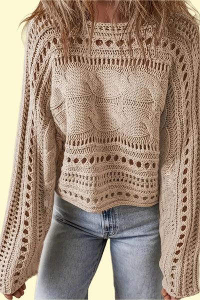 Hollow Out Cable-Knit Sweater in Tan